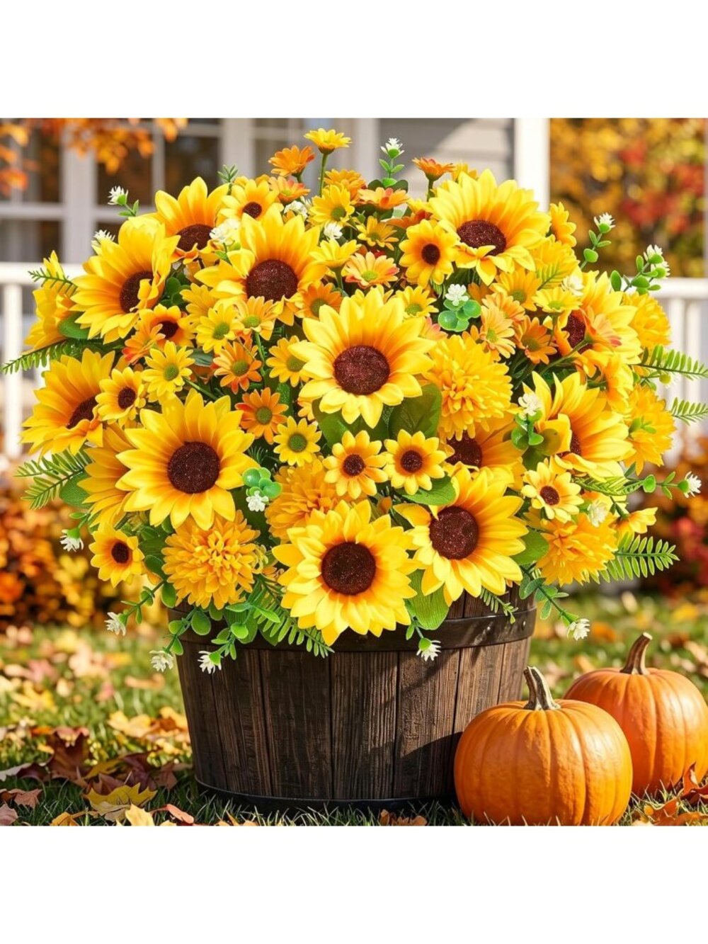 8 Bundles of Faux Sunflowers & Mums - Perfect for Fall Outdoor Decor & Planters